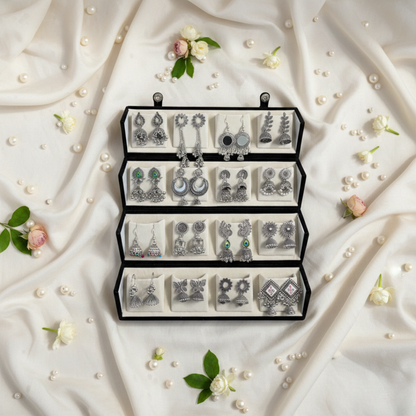 Premium Oxidized Silver Jhumki Set with Foldable Jewelry Organizer Box – 16 Designer Earrings Collection for Girls & Women