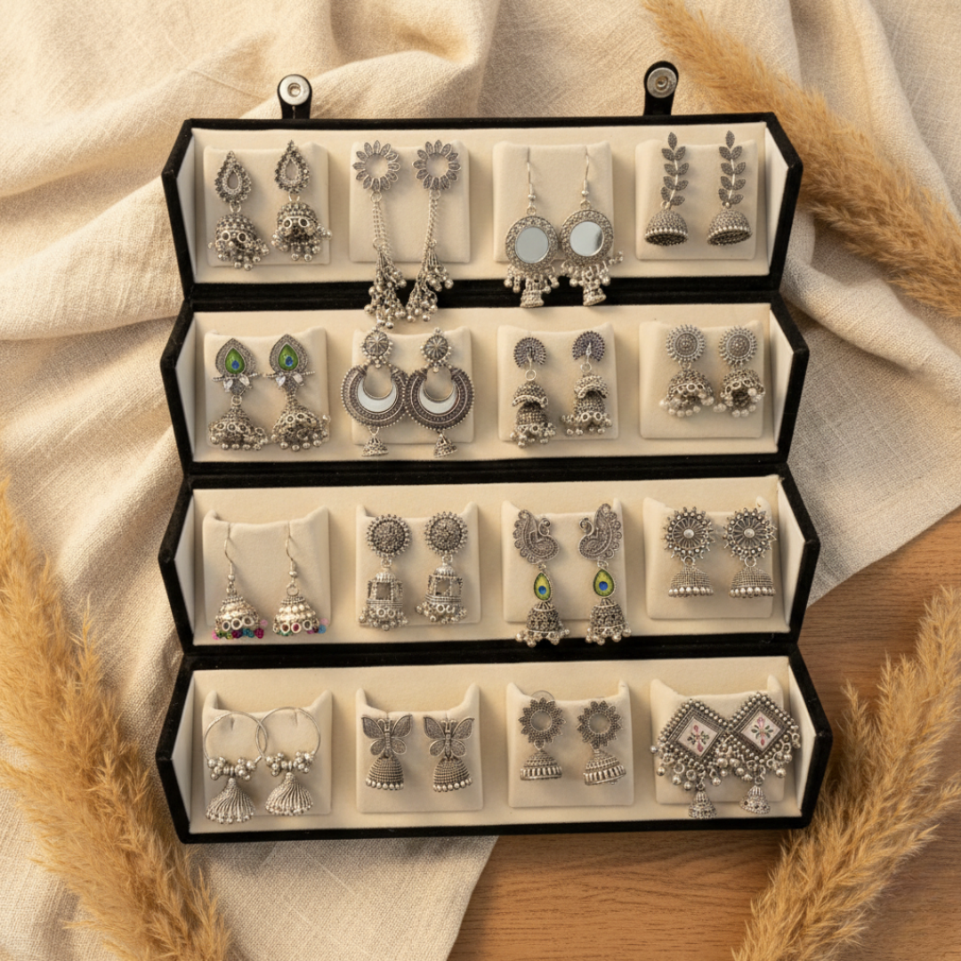 Premium Oxidized Silver Jhumki Set with Foldable Jewelry Organizer Box – 16 Designer Earrings Collection for Girls & Women