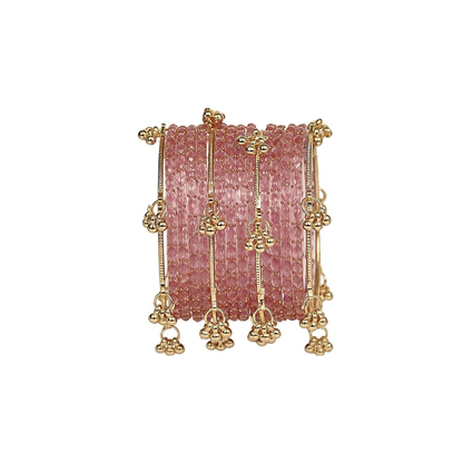 Set of 12 Pink Crystal Bangles with 4 Kashmiri Bangles & Gold Ghungroo Charms