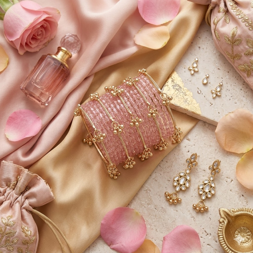 Set of 12 Pink Crystal Bangles with 4 Kashmiri Bangles & Gold Ghungroo Charms