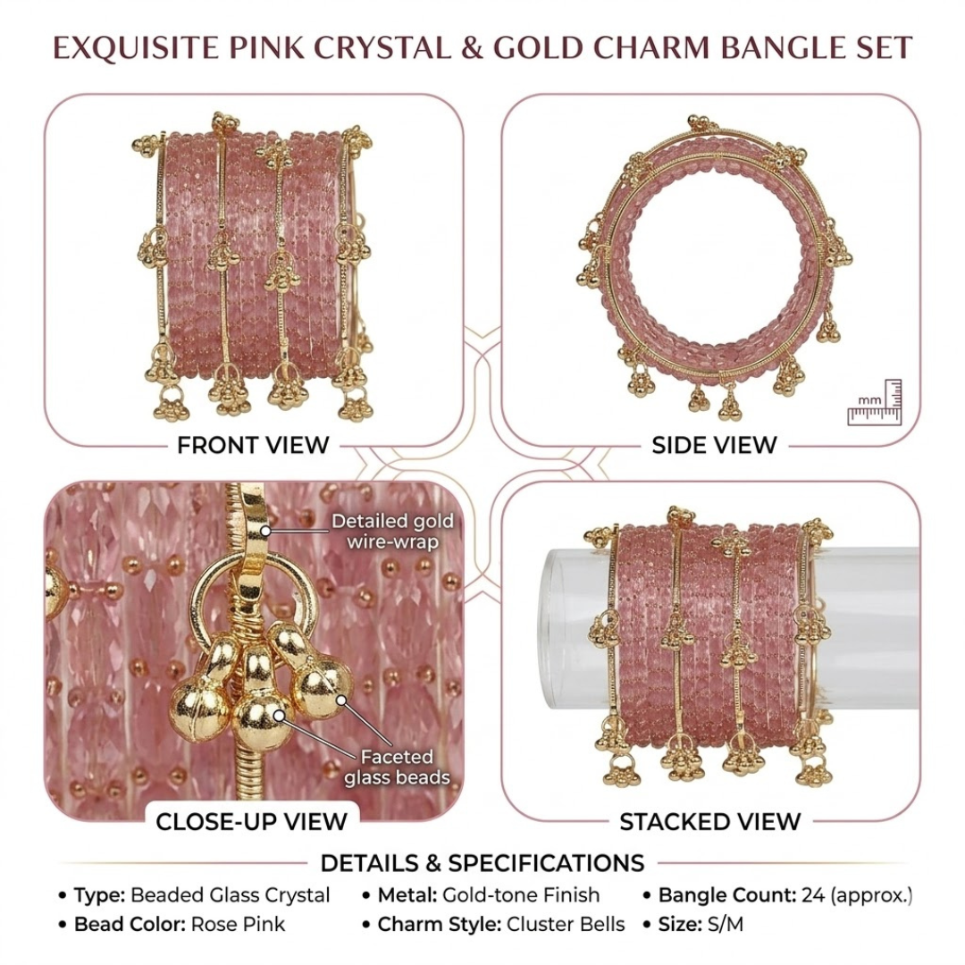 Set of 12 Pink Crystal Bangles with 4 Kashmiri Bangles & Gold Ghungroo Charms