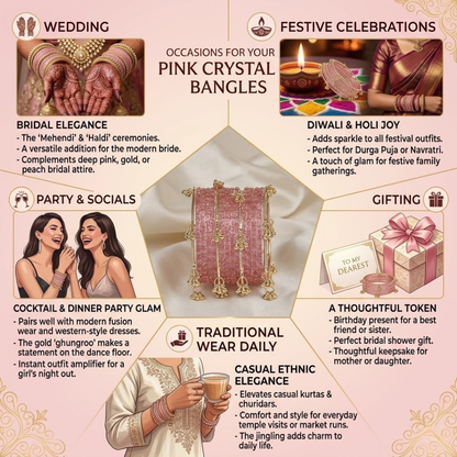 Set of 12 Pink Crystal Bangles with 4 Kashmiri Bangles & Gold Ghungroo Charms