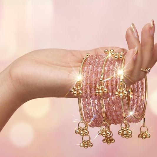 Set of 12 Pink Crystal Bangles with 4 Kashmiri Bangles & Gold Ghungroo Charms