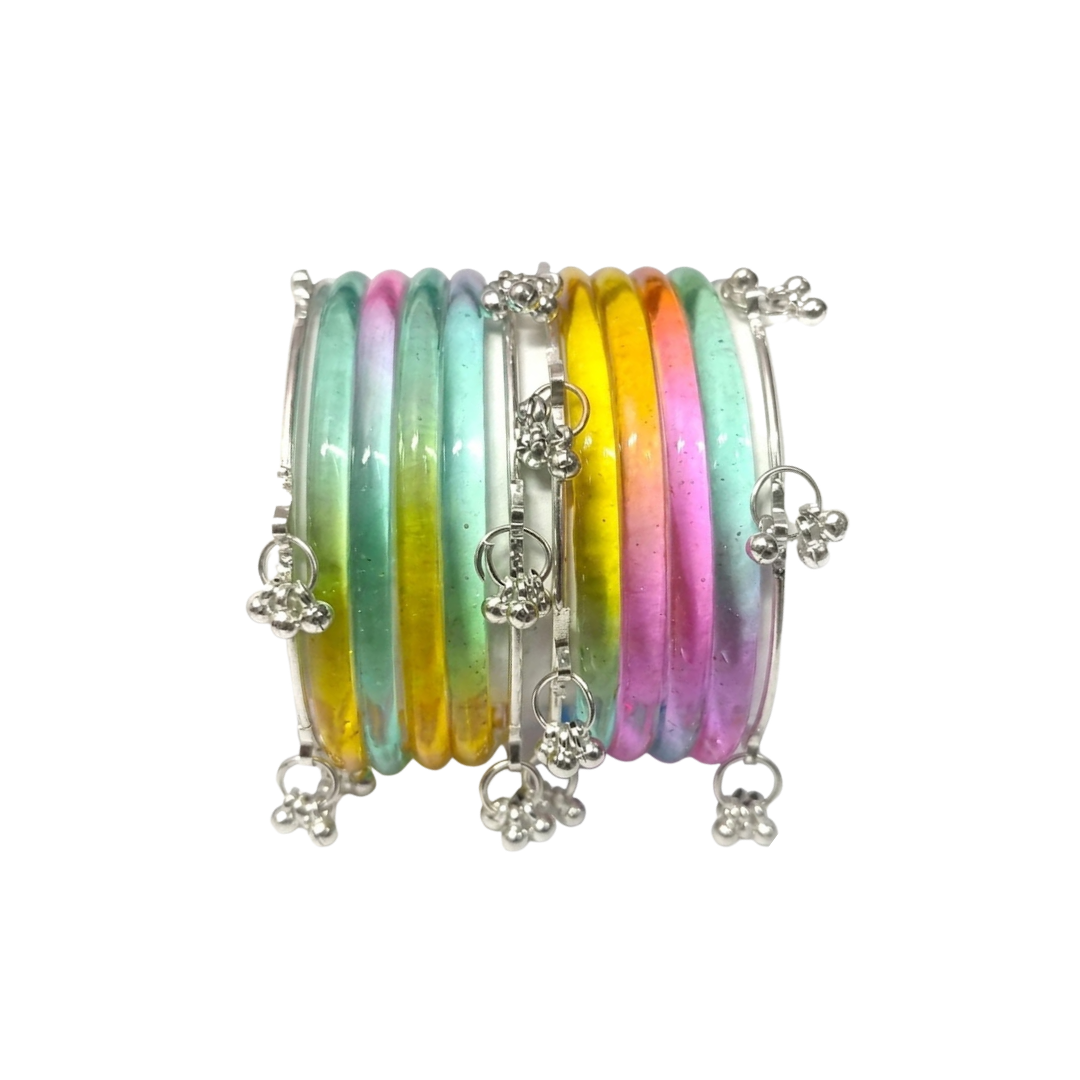 Multicolor Jelly Bangles & Silver Kashmiri Charm Bangles Set – 12 Pieces
