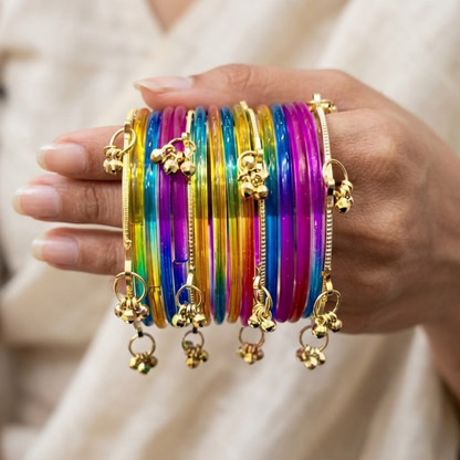 Multicolor Jelly Bangles Set for Women & Girls – 8 Plain Bangles with 4 Kashmiri Ghungroo Bangles