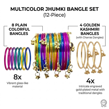 Multicolor Jelly Bangles Set for Women & Girls – 8 Plain Bangles with 4 Kashmiri Ghungroo Bangles