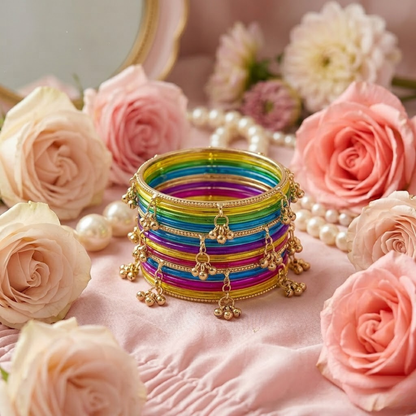 Multicolor Jelly Bangles Set for Women & Girls – 8 Plain Bangles with 4 Kashmiri Ghungroo Bangles