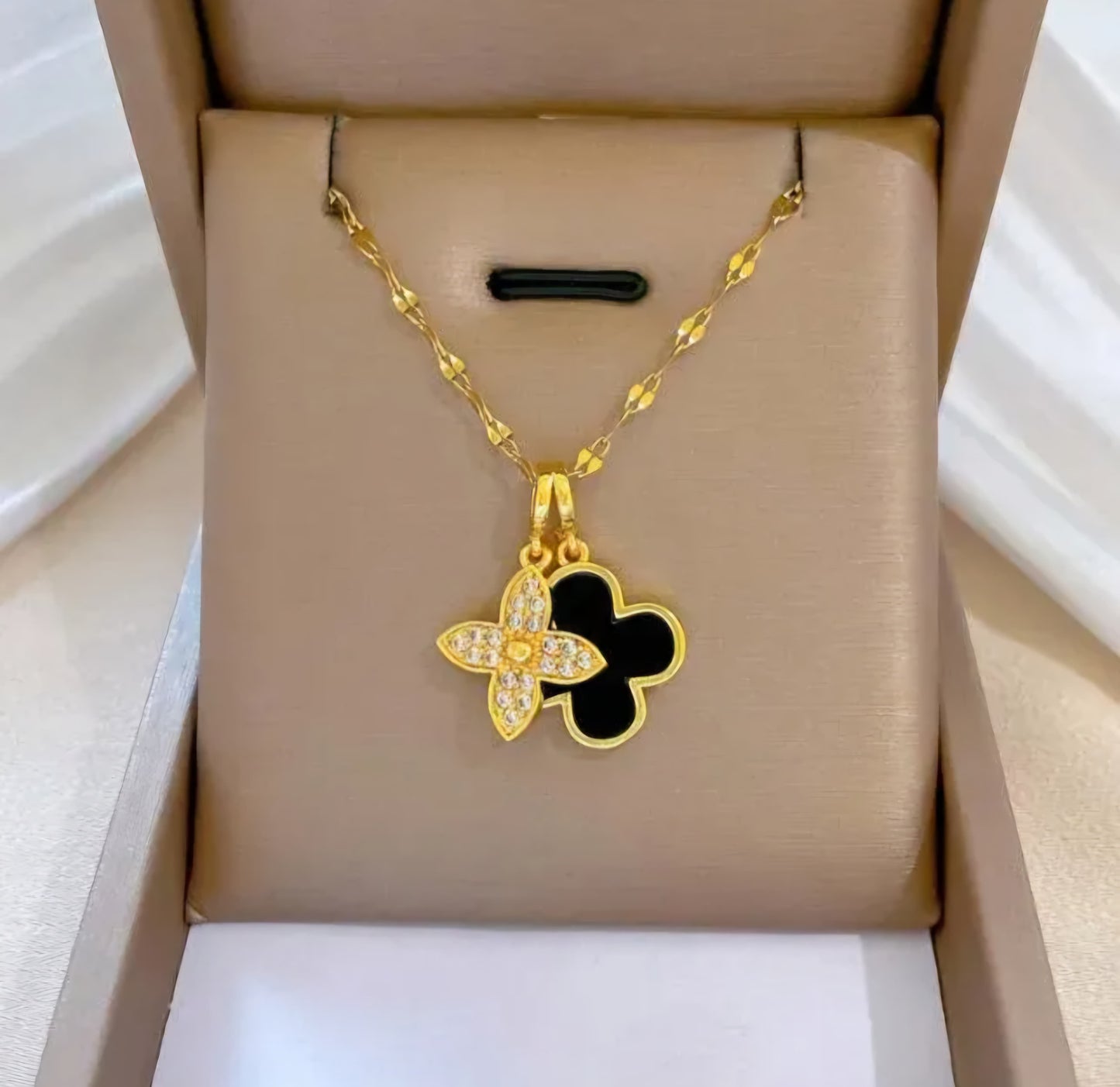 Black Clover Korean Style Double Pendant Necklace For Women & Girls