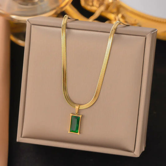 Green Gold Plated Korean Style Necklace With Green Stone Pendant For Women