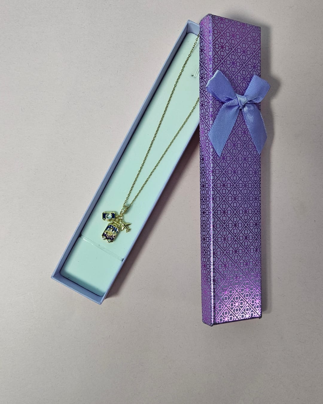 Gold-Tone Pendant Necklace With Crystal Travel Suitcase, Aeroplane & Camera Charms & Gift Box