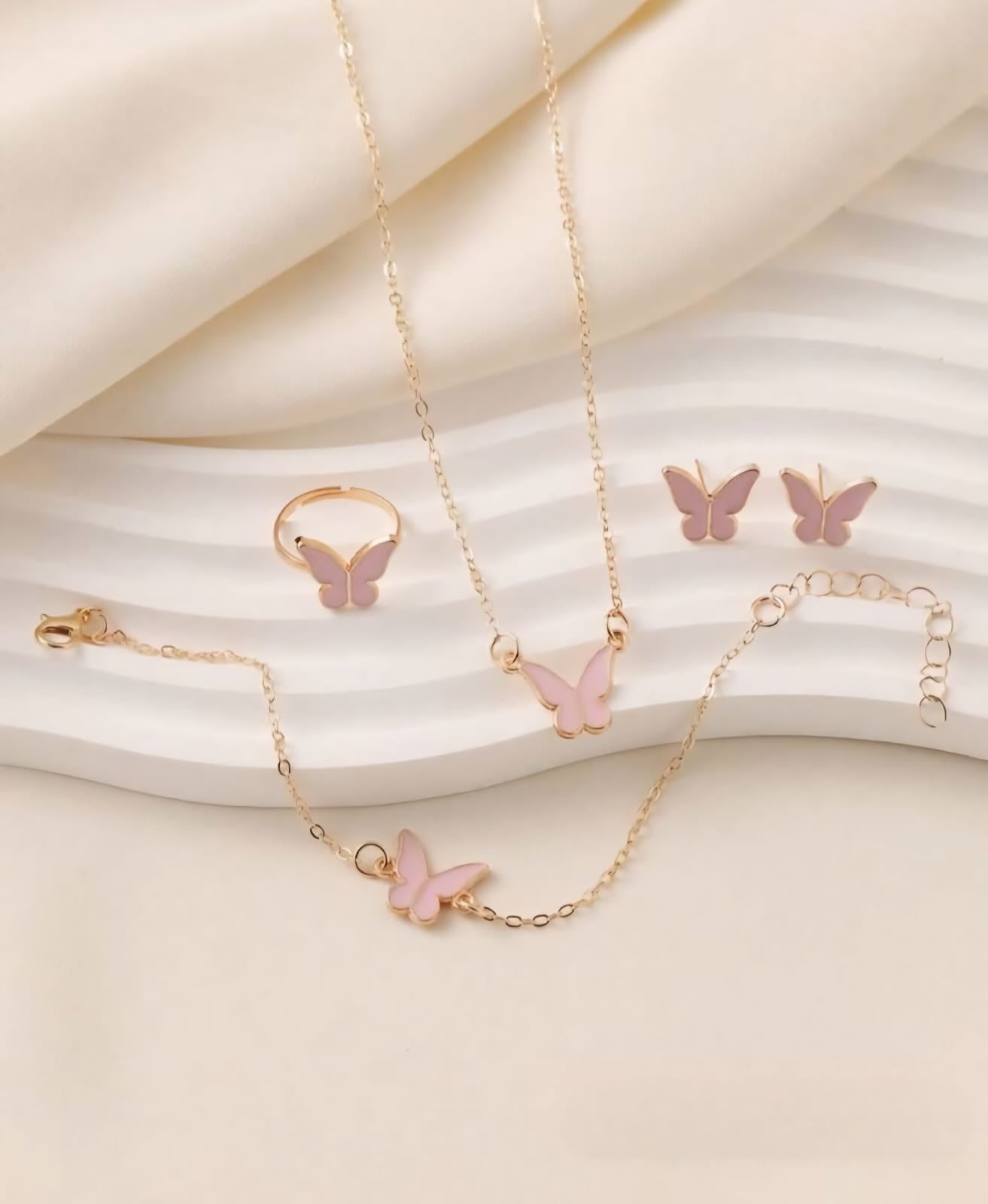 Pink Elegant Butterfly Jewelry Set For Women & Girls (Ring, Earrings, Necklaces)