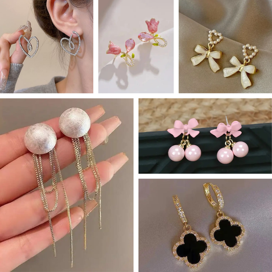 Earrings Combo Set of 6 | Cute Bow, Floral, Heart & Pearl Dangle Studs for Girls & Women | Elegant Korean Style