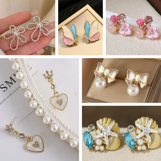 Elegant Cute Pearl & Floral Stud Earrings Combo – Set of 6 | Girls & Women | Korean Style