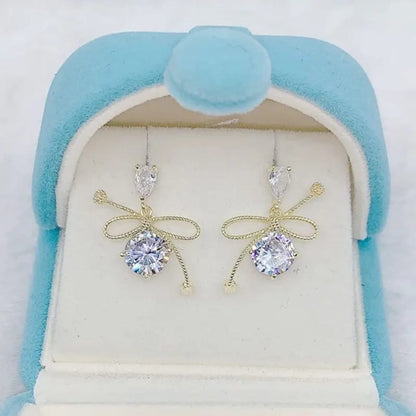 Blue Bow Stud Long Earrings