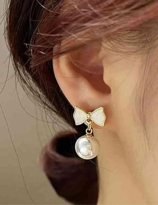 Golden Bow Pearl Drop Earrings