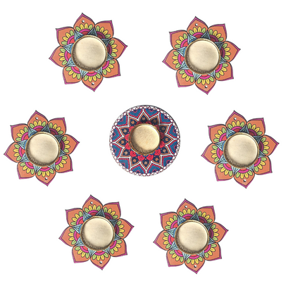 Set of 7 Decorative Diya Holders | Floral & Mandala Design Tealight Set for Festivals