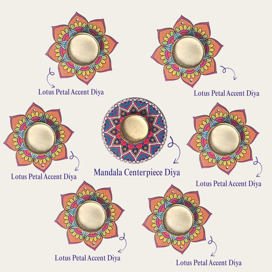 Set of 7 Decorative Diya Holders | Floral & Mandala Design Tealight Set for Festivals