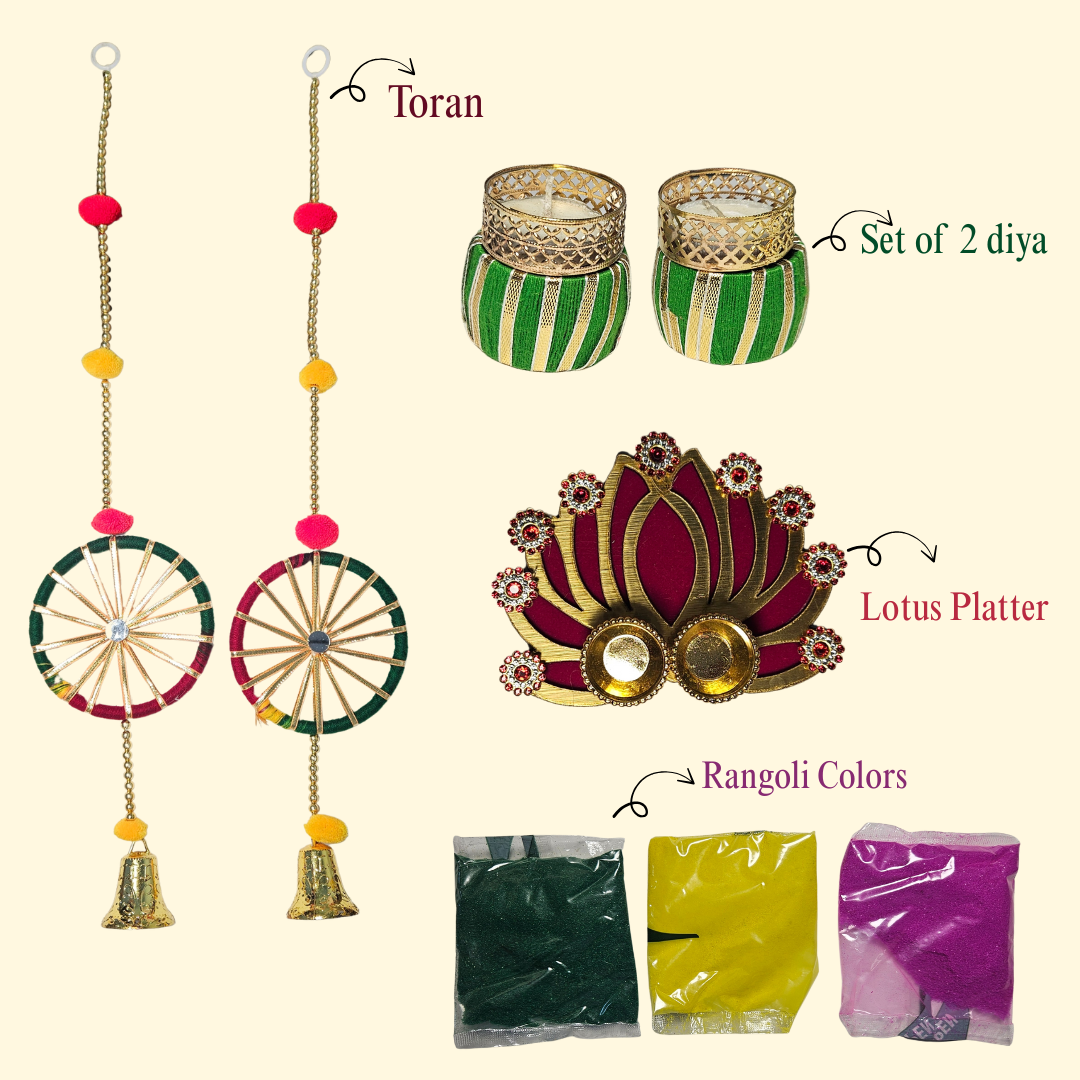 Traditional Diwali Décor Set with Toran, Diya Holders, Lotus Platter & Rangoli