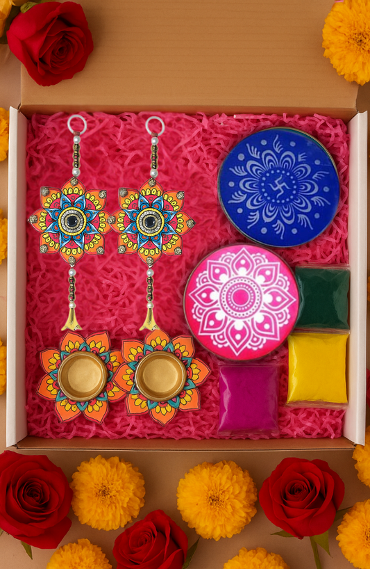 Diwali Decoration Combo Set of 2 Toran with Rangoli Stencil Colors and Diya