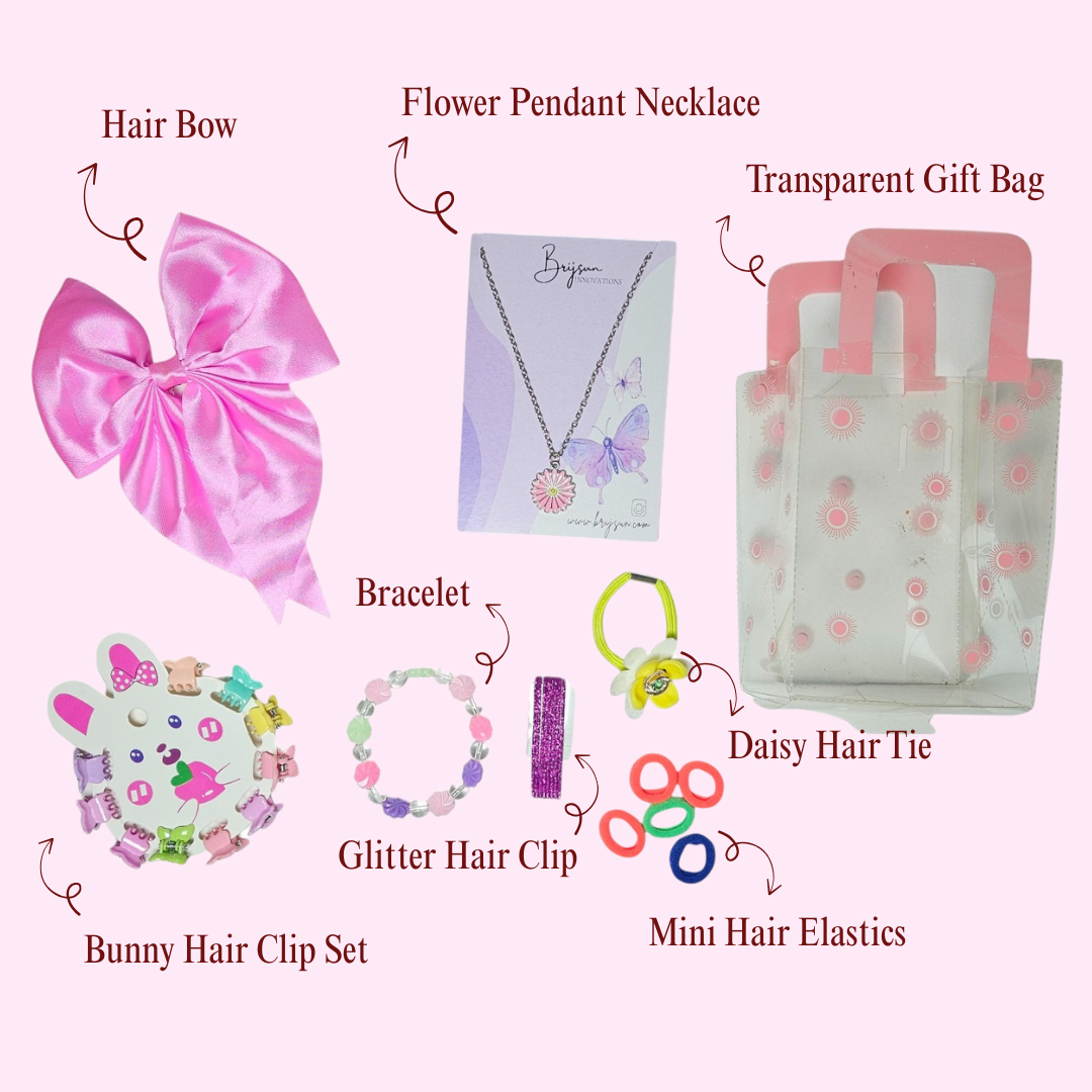 Kanjak Hamper for Girls – Hair Accessories & Jewelry Gift Set with Necklace, Clips, Bow & Gift Bag