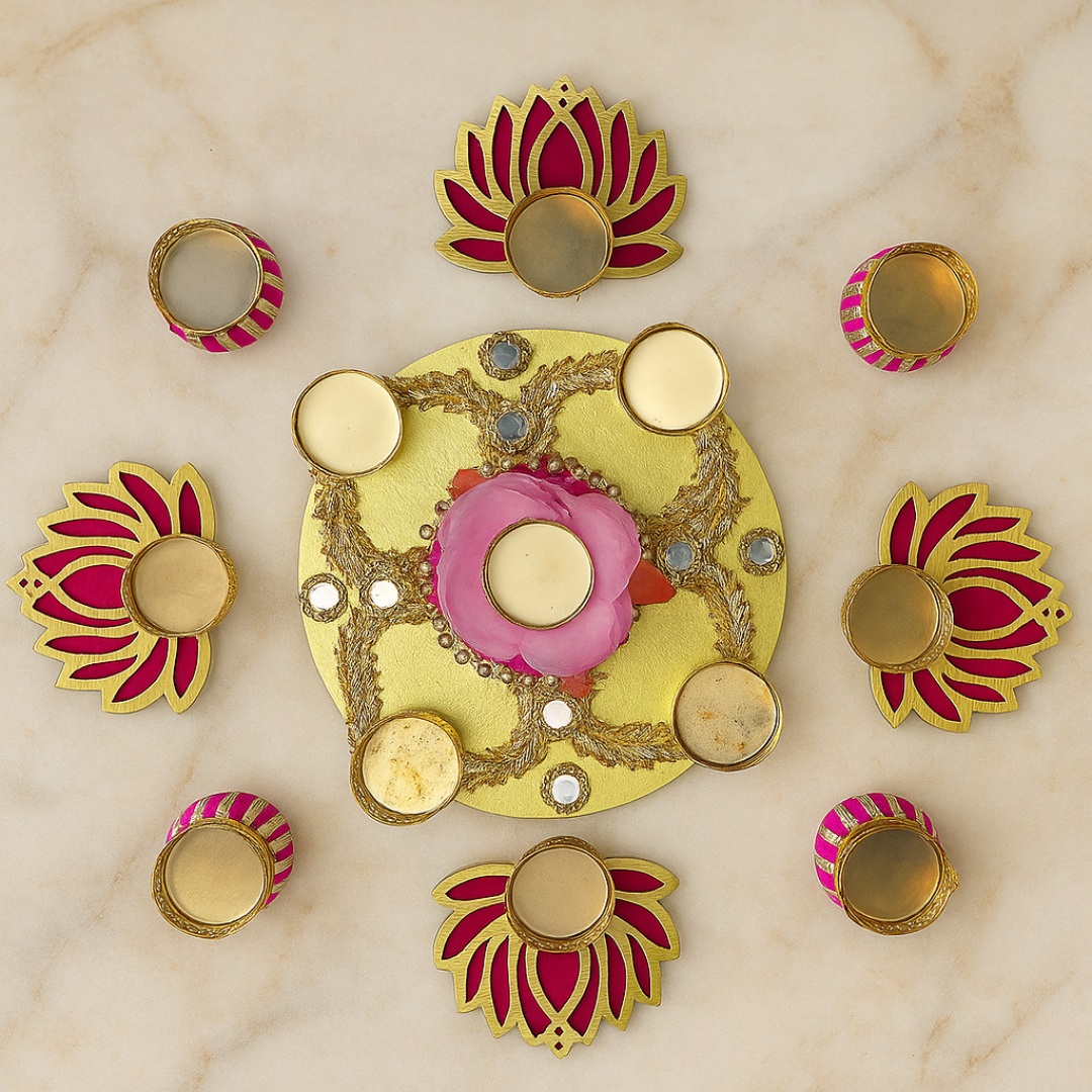 Golden Lotus Decorative Diya Set with Rangoli Base Plate – Perfect for Festivals & Pooja
