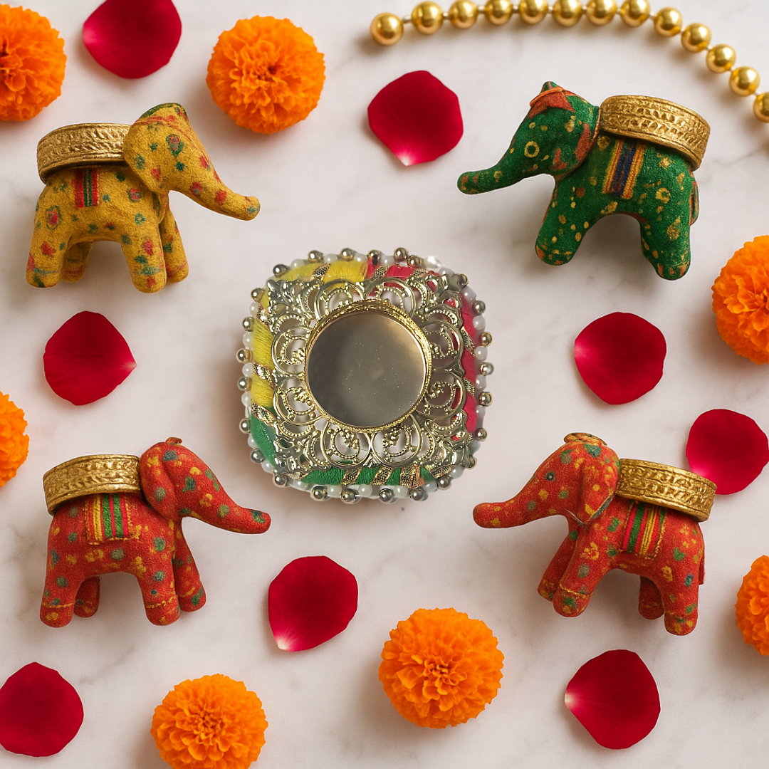 Set of 4 Decorative Elephant Candle Holders with Central Tealight Holder | Festive Home Decor