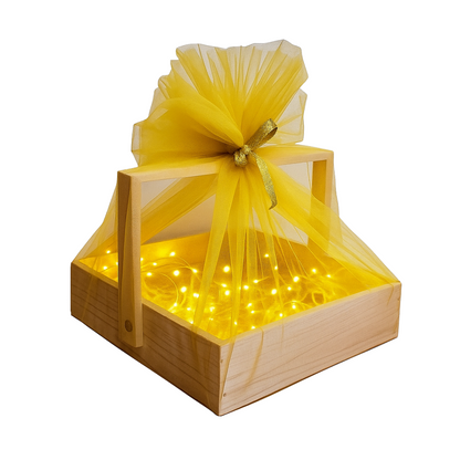 Golden Net Wrapped Wooden Gift Box with LED Lights – Elegant Festive Hamper Basket
