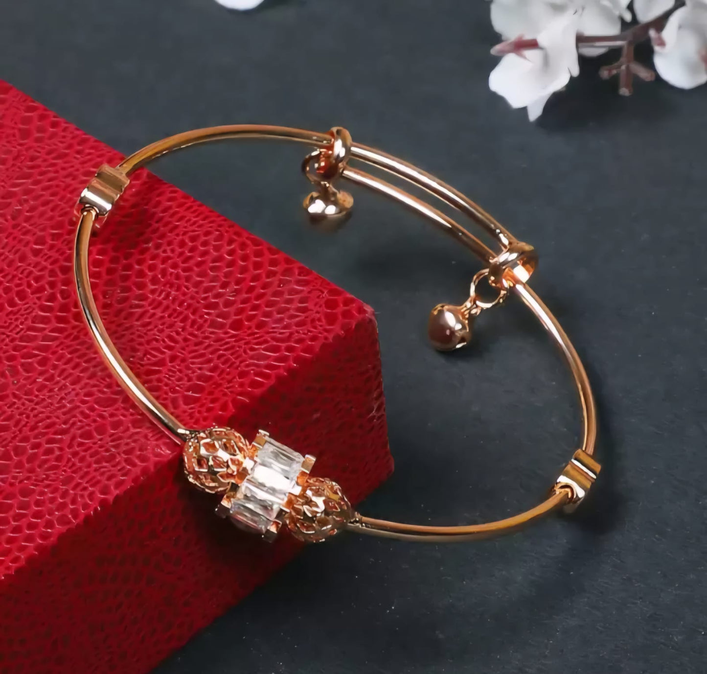 Gold-Plated Charm Bracelet With Crystal Beads & Heart Danglers