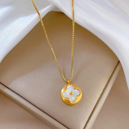 Gold Plated Korean Style Round Clover Pendant Necklace For Women & Girls