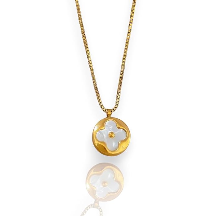 Gold Plated Korean Style Round Clover Pendant Necklace For Women & Girls