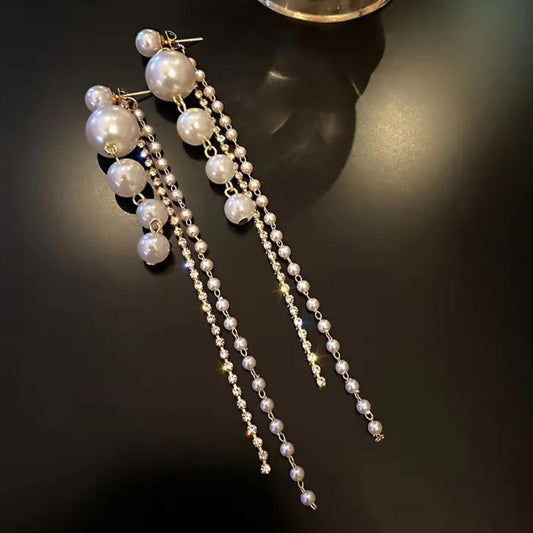 White And Gold Elegant Long Pearl Dangle Earrings