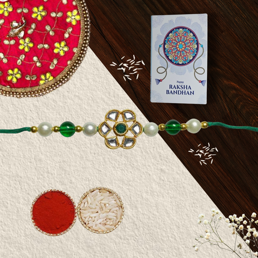 Kundan Pearl Rakhi with Raksha Bandhan Card & Roli Chawal