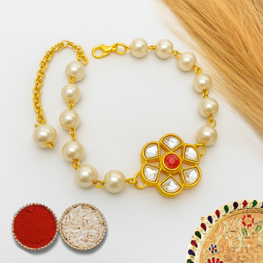 Pearl Bracelet Rakhi with Kundan Floral Centerpiece and Roli Chawal