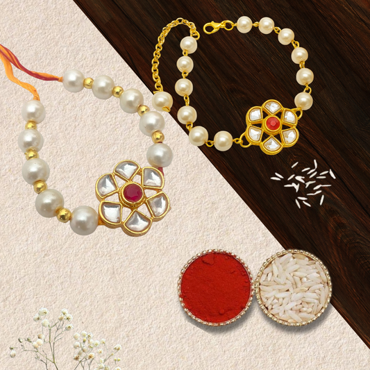 Elegant Bhaiya Bhabhi Rakhi Set with Pearl Beads & Roli Chawal