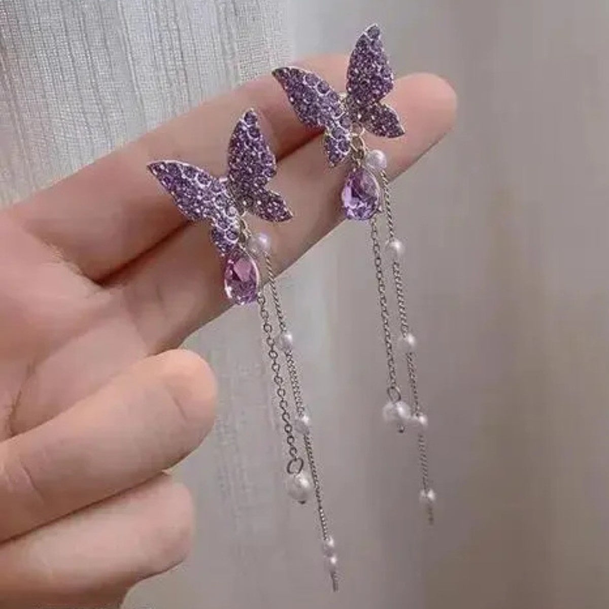 Purple Chains With Pearl & Crystal Accents Butterfly Tassel Earrings