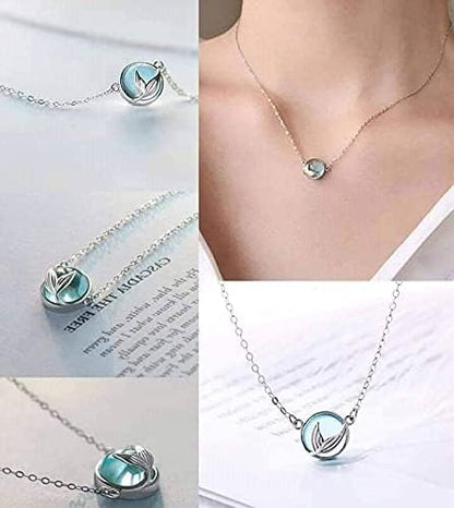Ocean Blue & Silver Korean Style Mermaid Tail Pendant Necklace For Women & Girls