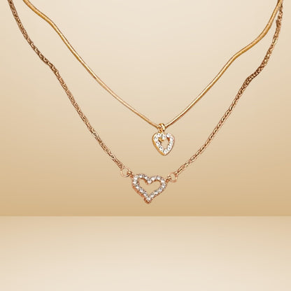 Golden Dual Toned Chains With Crystal Accent Layered Heart Pendant Necklace
