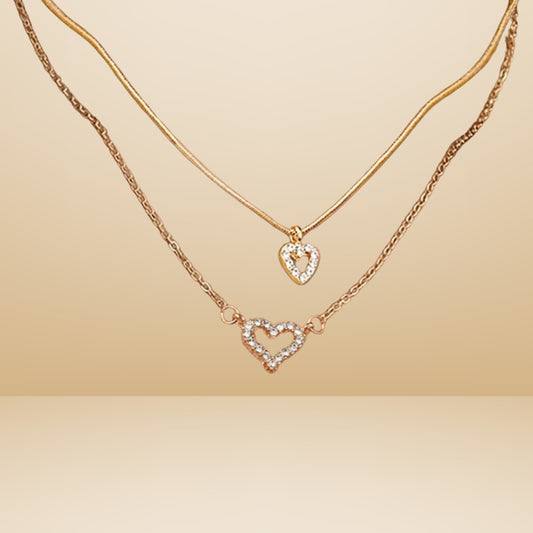 Golden Dual Toned Chains With Crystal Accent Layered Heart Pendant Necklace