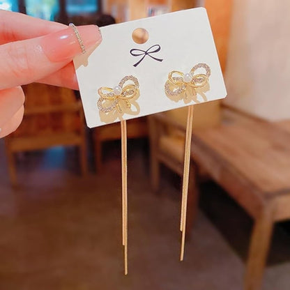 Golden Bow Knot Long Tassel Earrings