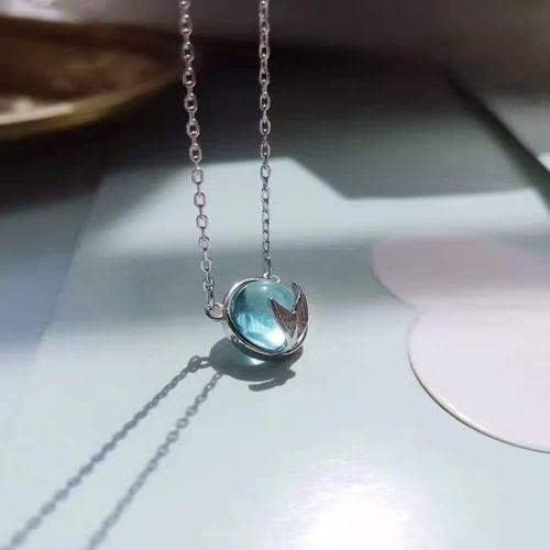 Ocean Blue & Silver Korean Style Mermaid Tail Pendant Necklace For Women & Girls