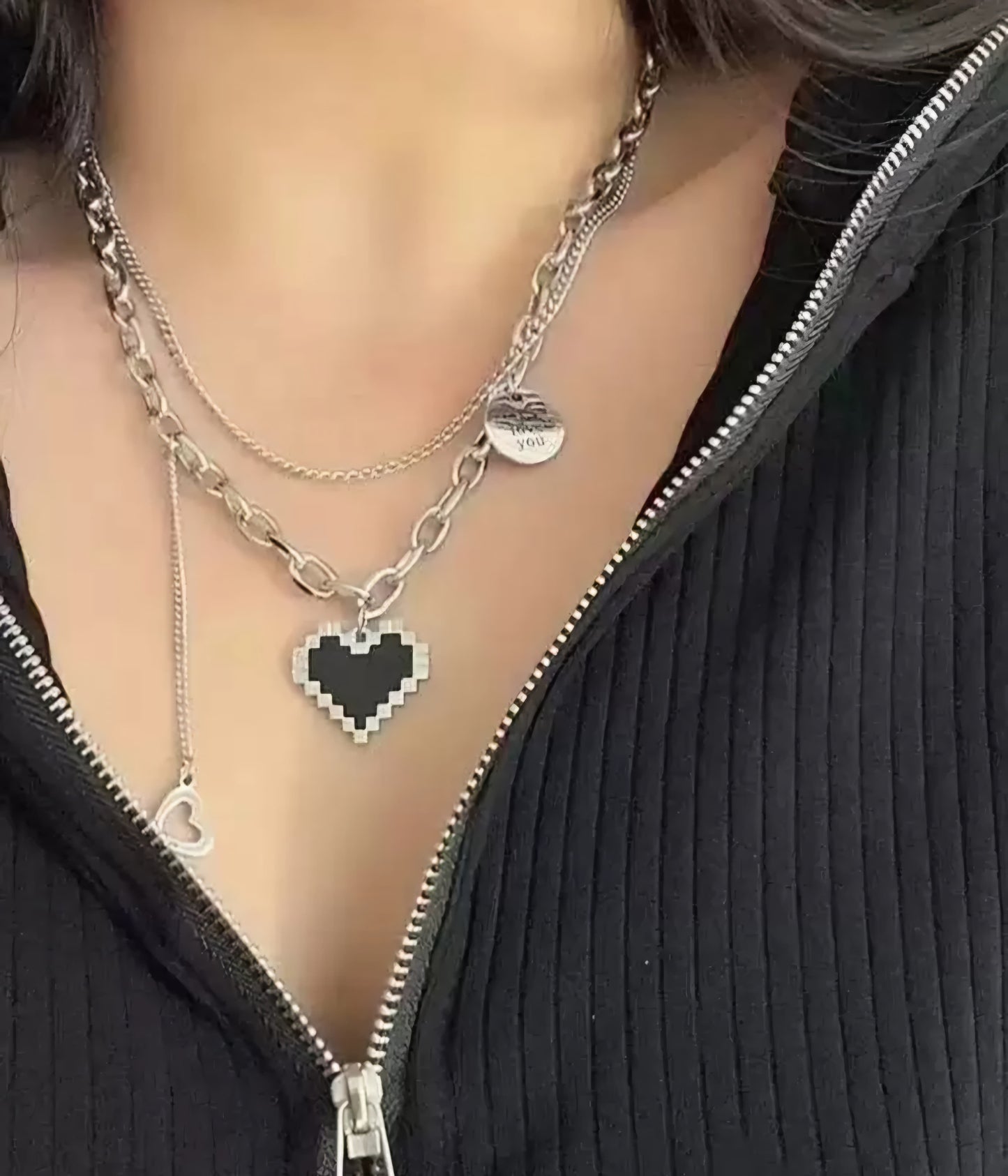 Silver Korean Style Layered Heart Pendant Necklace For Women & Girls