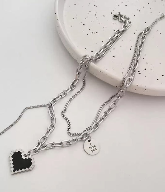 Silver Korean Style Layered Heart Pendant Necklace For Women & Girls