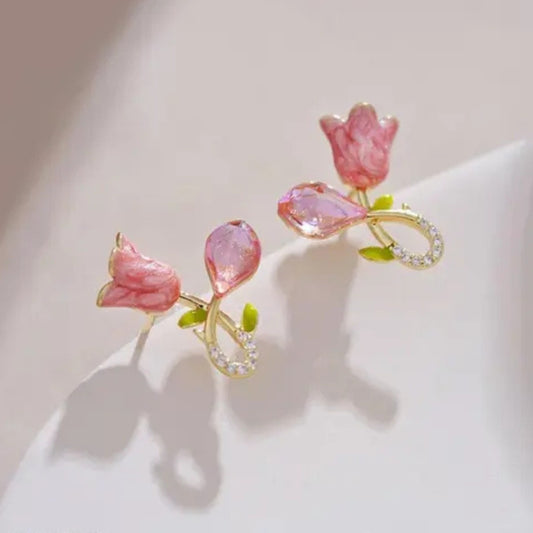 Pink Delicate Gold-Plated Floral Design Tulip Crystal Stud Earrings