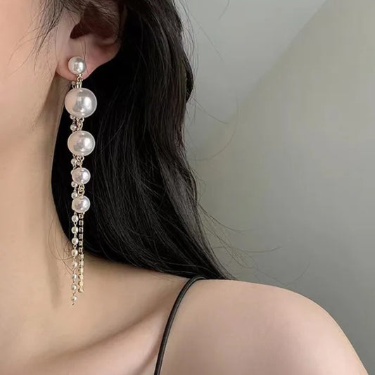 White And Gold Elegant Long Pearl Dangle Earrings