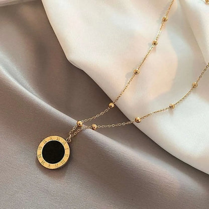 Black Golden Classic Round Design On Metal Chain Roman Numeral Pendant Necklace