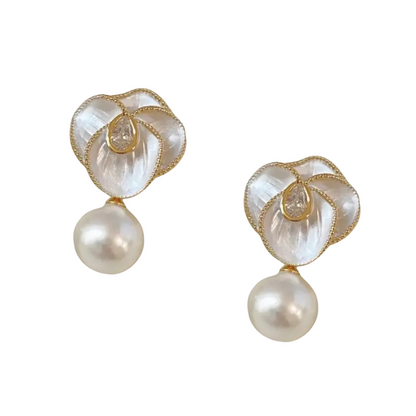 Golden & White Enamel Flower Earrings With Cubic Zirconia Center & Pearl Accent