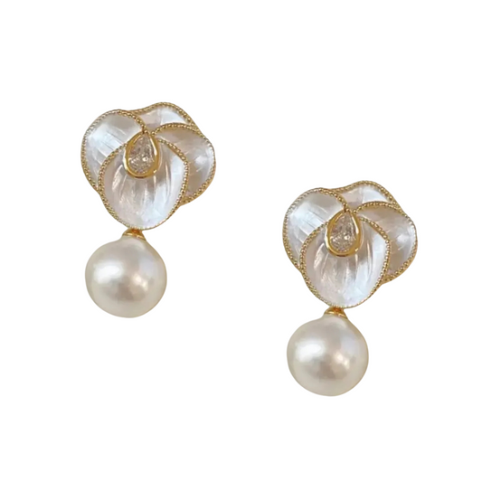 Golden & White Enamel Flower Earrings With Cubic Zirconia Center & Pearl Accent