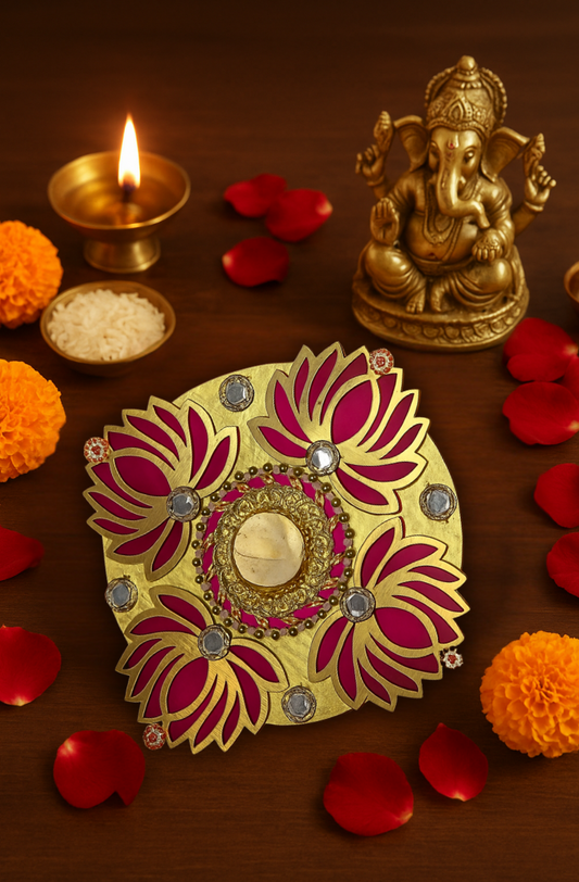 Decorative Lotus Design Pooja thali with Stone Work
