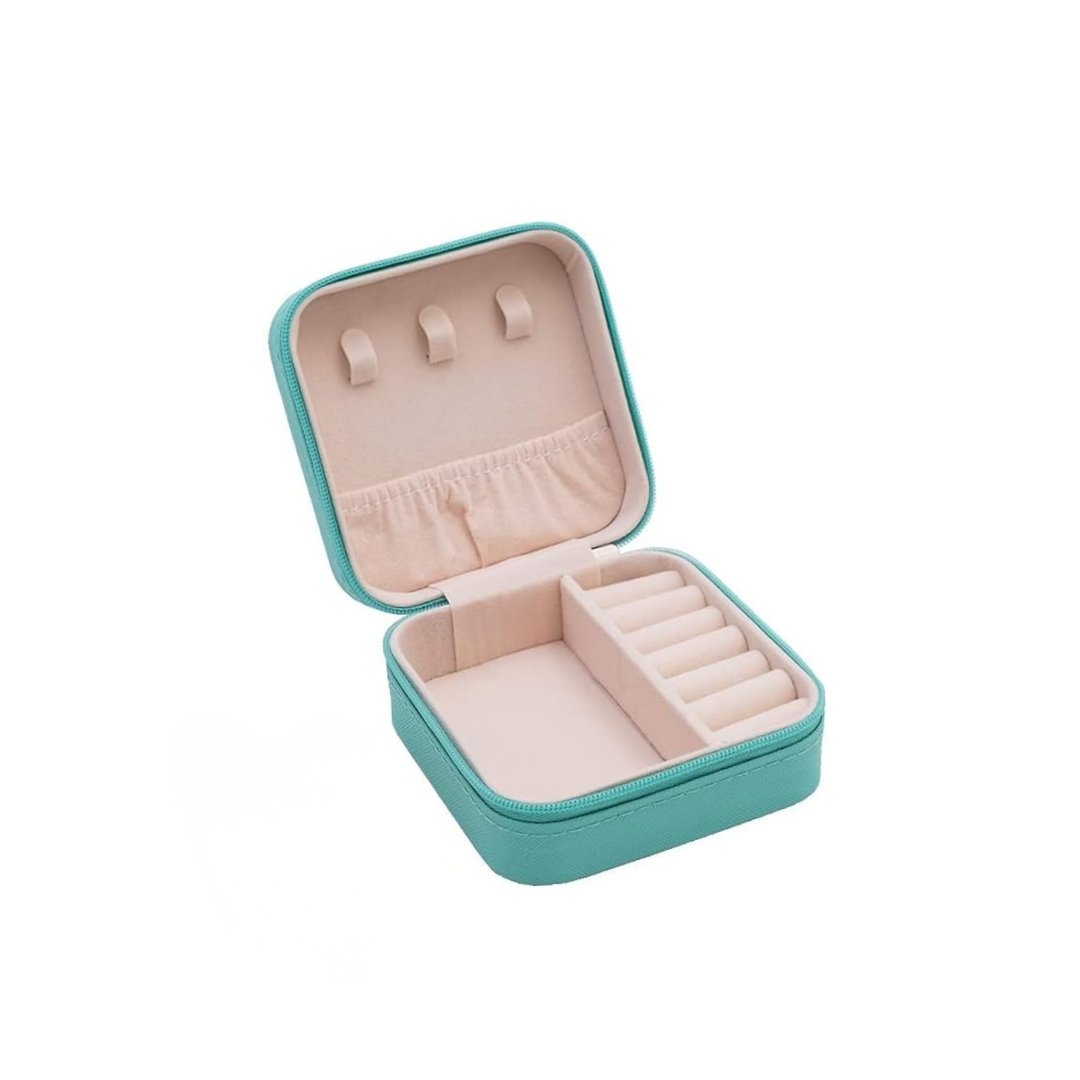 Teal Compact Jewelry Organizer Box with Ring & Earring Storage