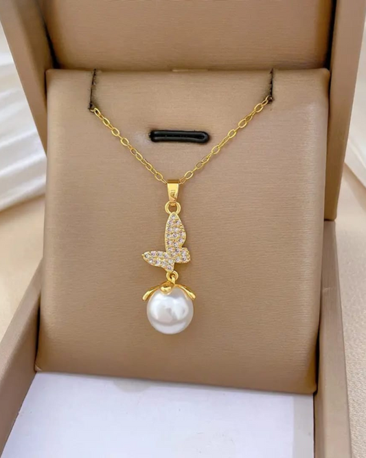 Gold-Toned Butterfly Pendant Necklace With Stone Accents & Pearl Drop